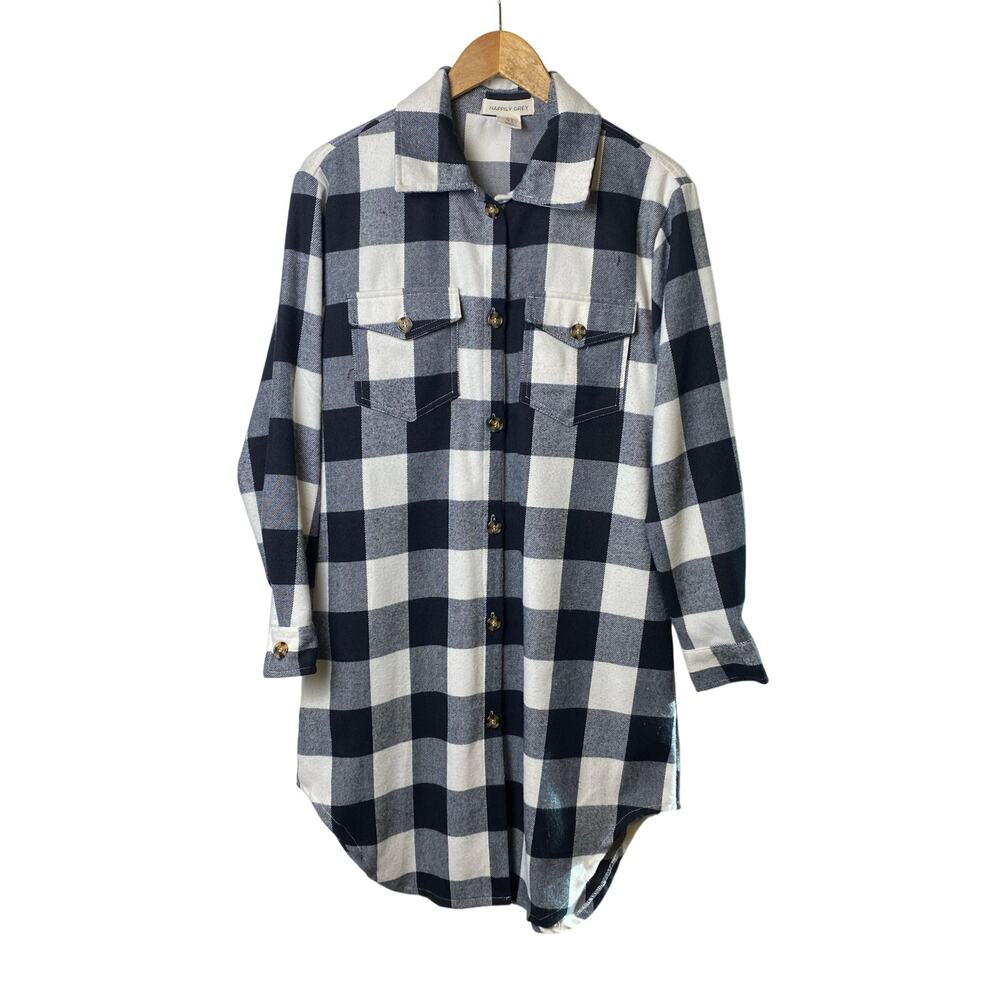 Happily Grey Black & White Buffalo Check Flannel Shirt Dress Women's Size Small